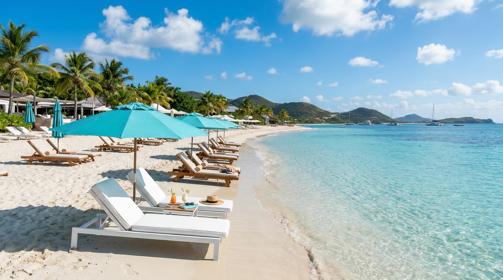 Teal beach umbrellas and lounge chairs at Orient Bay