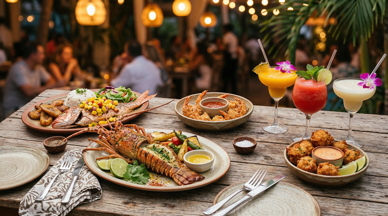 Caribbean food spread with lobster, fish, coconut shrimp and tropical cocktails